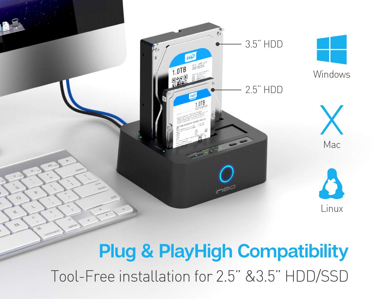 ineo USB3.0 to SATA Dual Bay Docking Station for 2.5 and 3.5 HDD SSD with Free USB Type C Adapter T3527-VIII+ - View 4 of 7