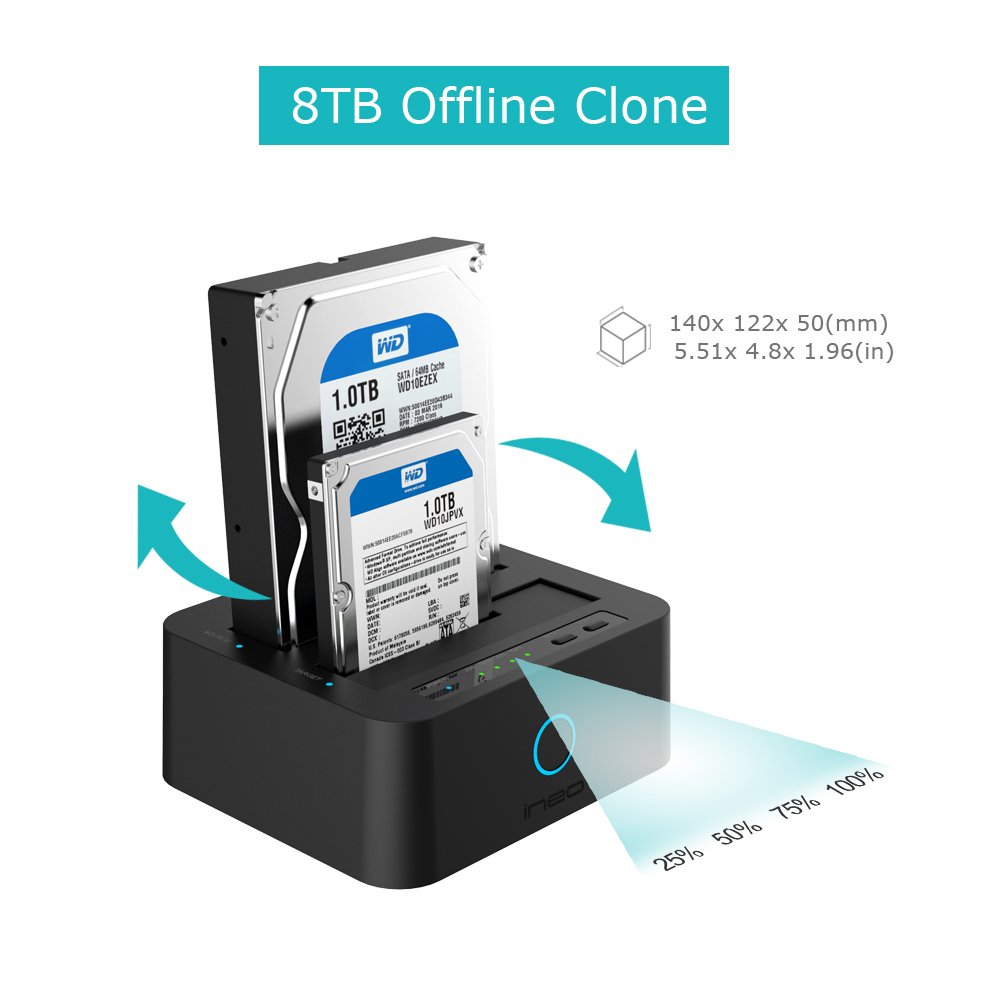 ineo USB3.0 to SATA Dual Bay Docking Station for 2.5 and 3.5 HDD SSD with Free USB Type C Adapter T3527-VIII+ - View 7 of 7