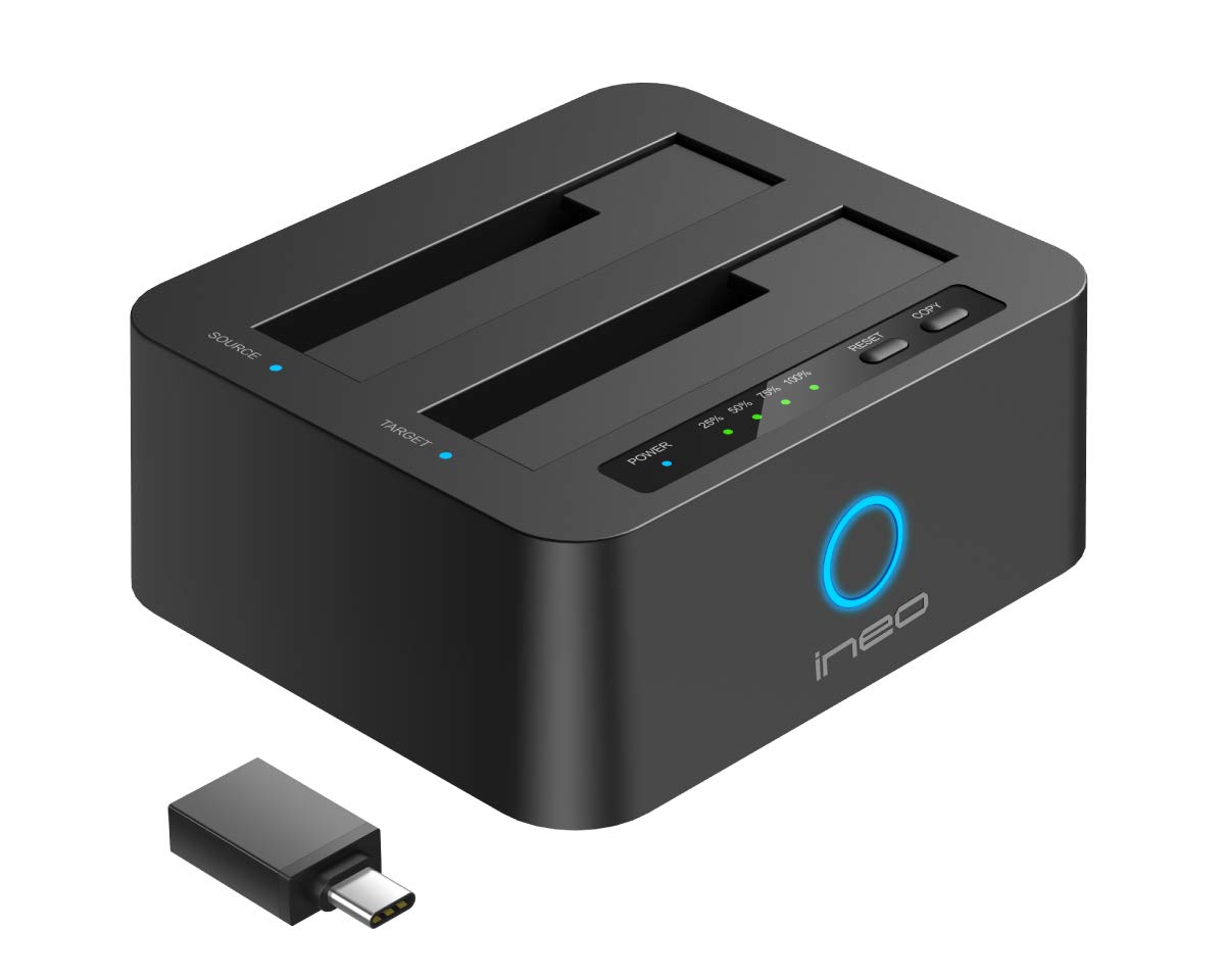 ineo USB3.0 to SATA Dual Bay Docking Station for 2.5 and 3.5 HDD SSD with Free USB Type C Adapter T3527-VIII+