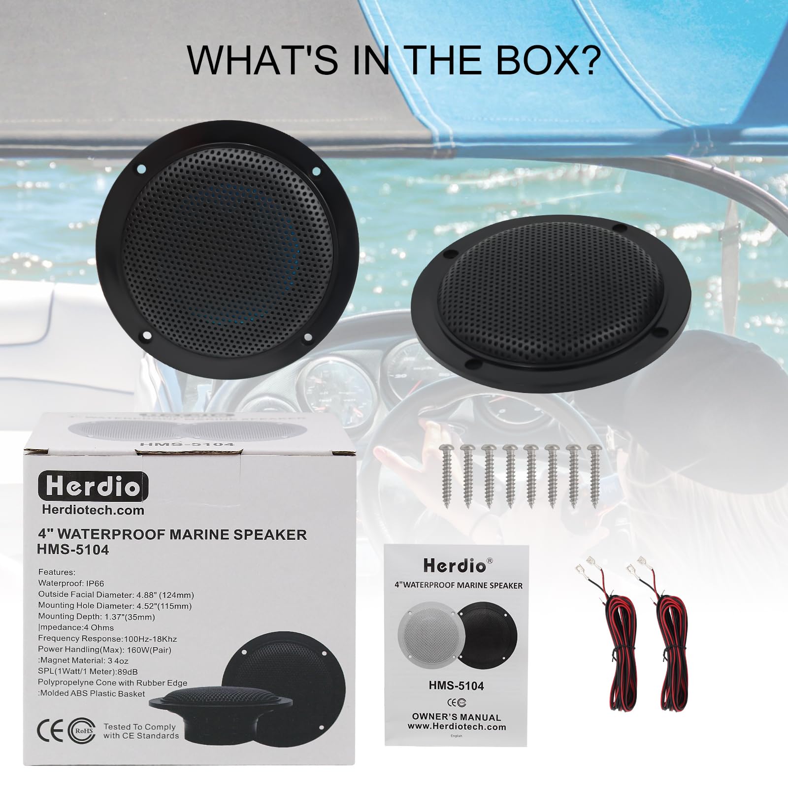 4 Inch Herdio Waterproof Marine Outdoor Audio Stereo Sound System 160 Watts for Boat Car Motorcycle Cloth Surround Low Profile Design Black Pair - View 6 of 8