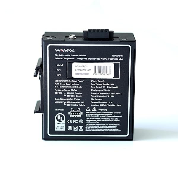 WIWAV WIWAV WDH-8ET-DC 10/100Mbps Unmanaged 8-Port Industrial Ethernet Switch for DIN Rail or Wall Mount in Extreme Temperatures - View 3 of 6