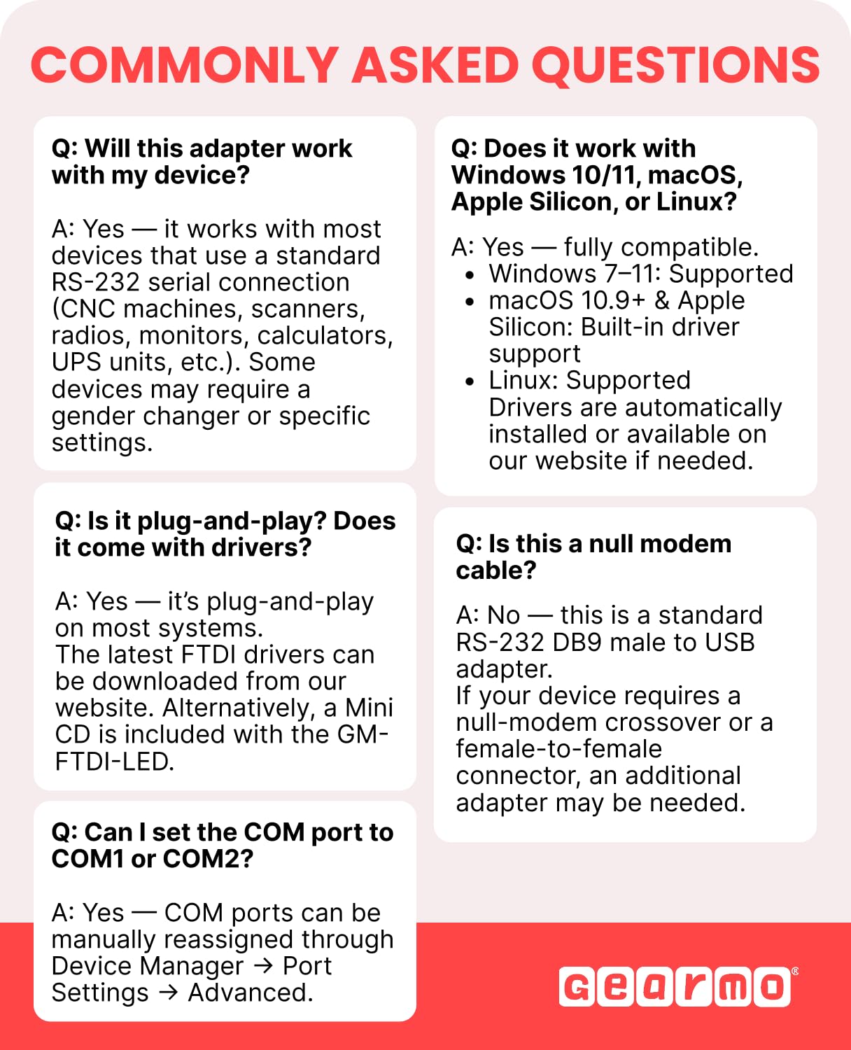 Gearmo USB 2.0 to RS232 Serial Adapter 16in Cable with LED Indicators FTDI Chip Plug and Play for Legacy Serial Devices - View 7 of 7