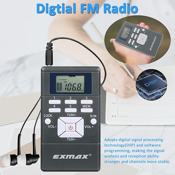 EXMAX EXMAX® E108 Wireless Stereo FM Radio Receiver Portable Pocket Small Mini FM Radio Receiver Earbuds LCD Clock Earphone for FM Translator Tour Guide System Jogging Running Walking Yardwork - Gray - View 4 of 10