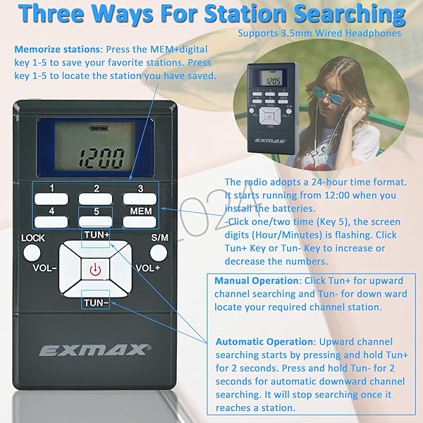 EXMAX EXMAX® E108 Wireless Stereo FM Radio Receiver Portable Pocket Small Mini FM Radio Receiver Earbuds LCD Clock Earphone for FM Translator Tour Guide System Jogging Running Walking Yardwork - Gray - View 6 of 10