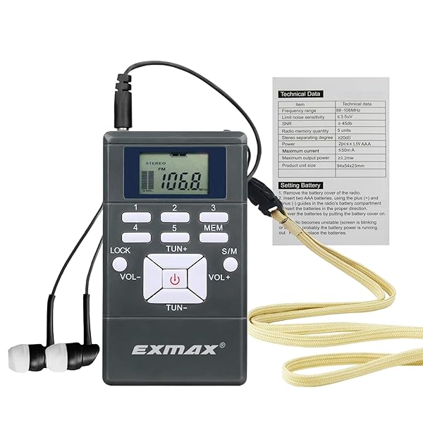 EXMAX EXMAXÂ® E108 Wireless Stereo FM Radio Receiver Portable Pocket Small Mini FM Radio Receiver Earbuds LCD Clock Earphone for FM Translator Tour Guide System Jogging Running Walking Yardwork - Gray