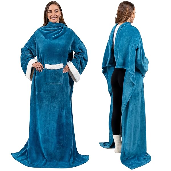 PAVILIA Cozy PAVILIA Fleece Blanket with Sleeves - Perfect Gift for Mom & Dad | Warm Plush Wearable Throw in Teal Blue