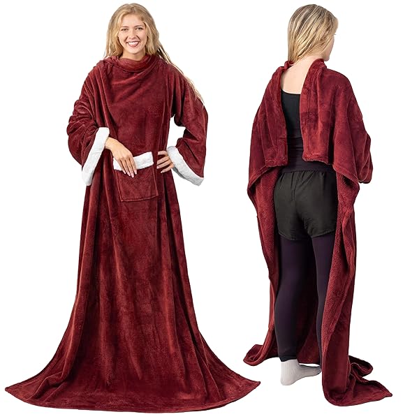 PAVILIA Cozy PAVILIA Fleece Blanket with Sleeves - Perfect Warm Gift for Adults | Plush Snuggle Throw in Burgundy Red