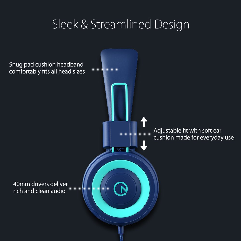 noot products Noot K11 Foldable Kids Headphones Tangle-Free Wired On-Ear Headset for Children Teens Smartphones School Travel Navy Teal - View 2 of 8