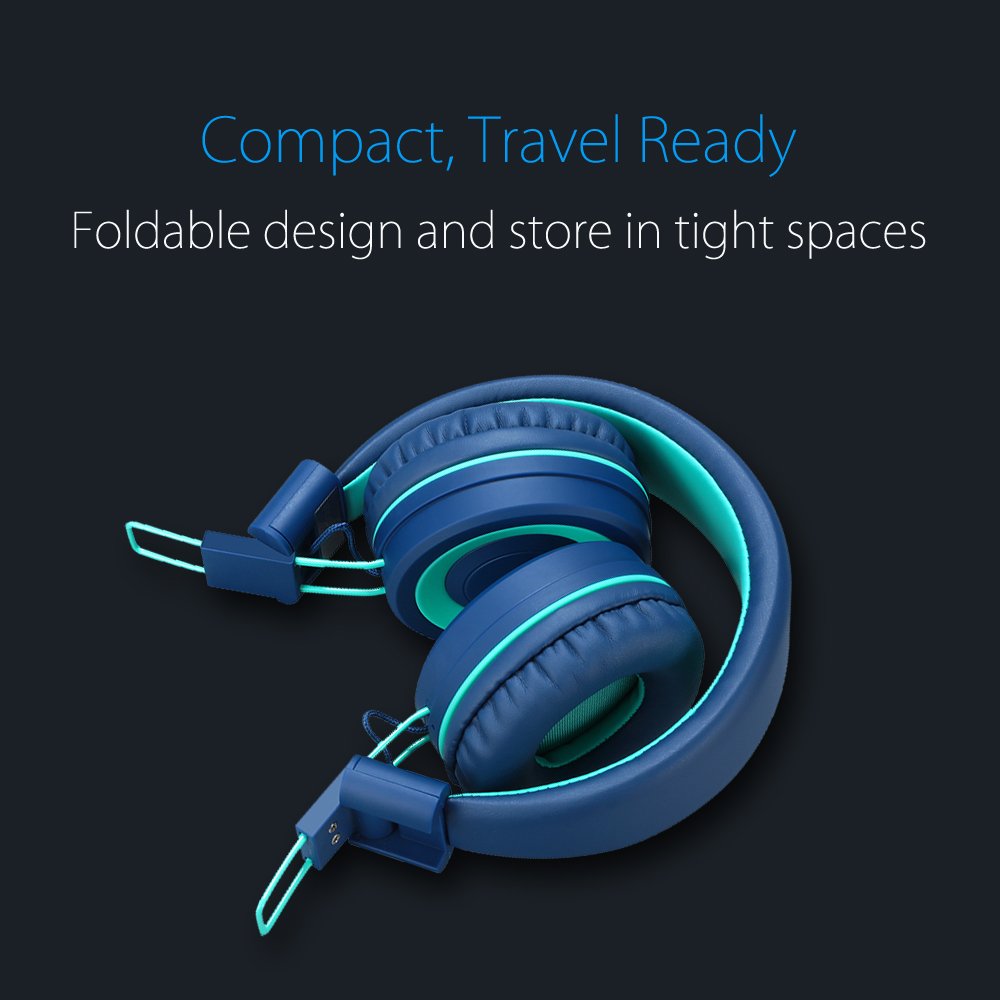 noot products Noot K11 Foldable Kids Headphones Tangle-Free Wired On-Ear Headset for Children Teens Smartphones School Travel Navy Teal - View 4 of 8