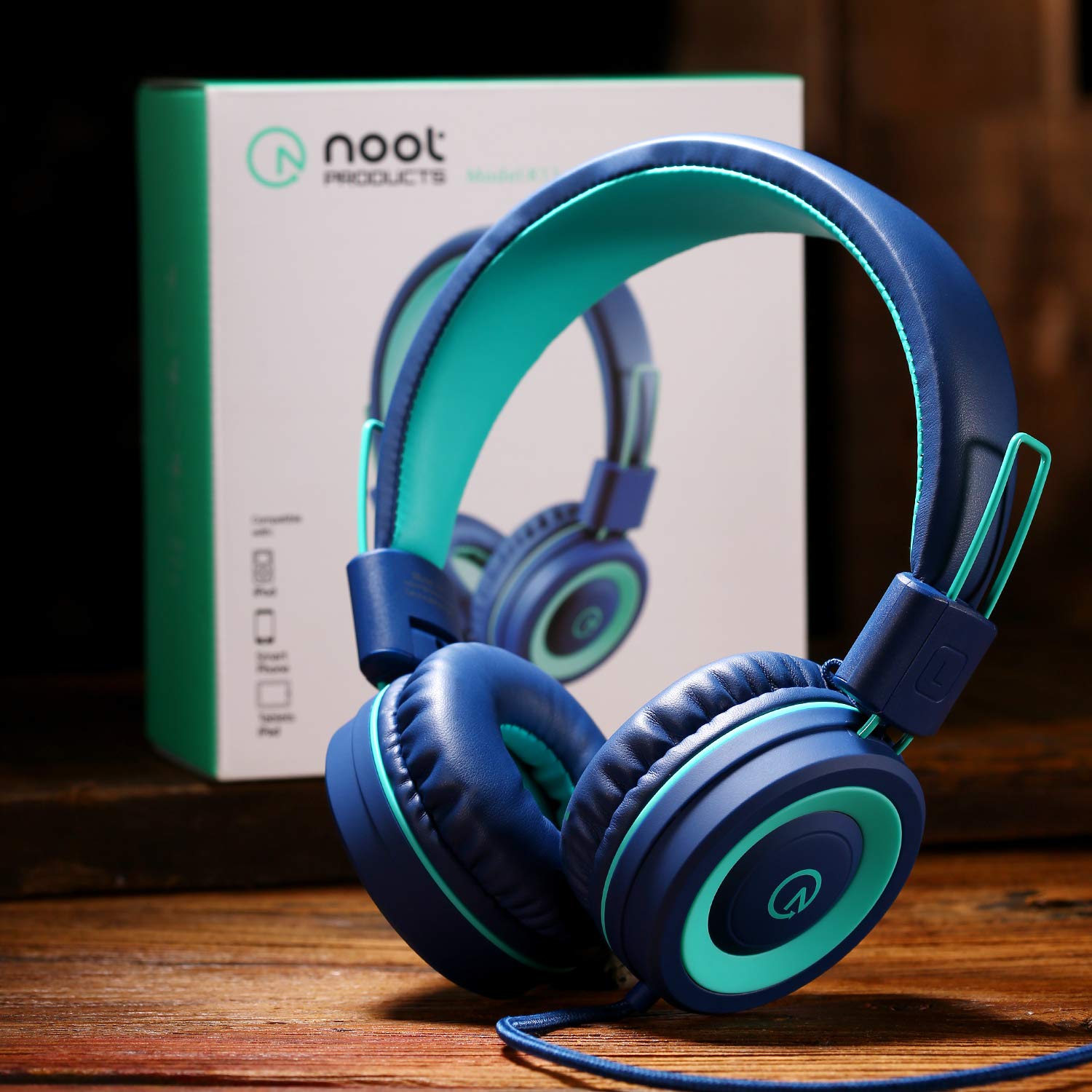 noot products Noot K11 Foldable Kids Headphones Tangle-Free Wired On-Ear Headset for Children Teens Smartphones School Travel Navy Teal - View 6 of 8