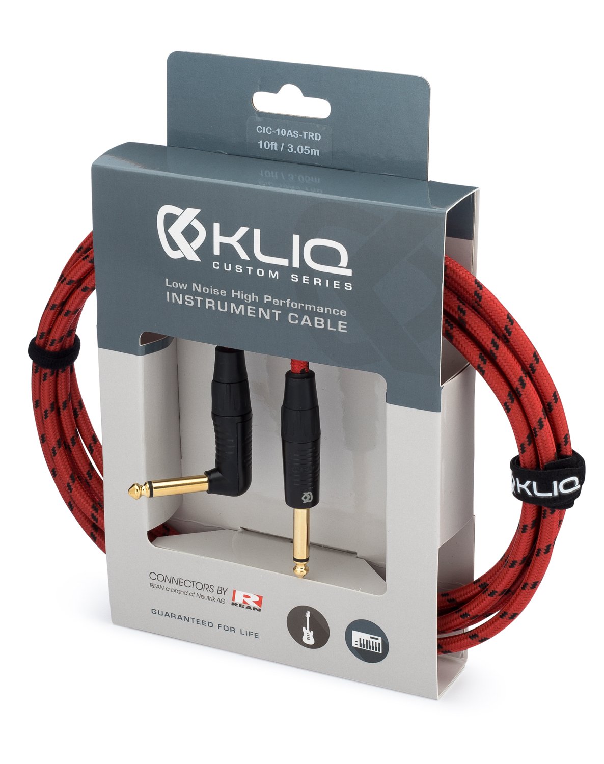 KLIQ 10 Ft Guitar Instrument Cable Custom Series with Premium Rean Neutrik Gold Plugs Red Black Tweed - View 2 of 7