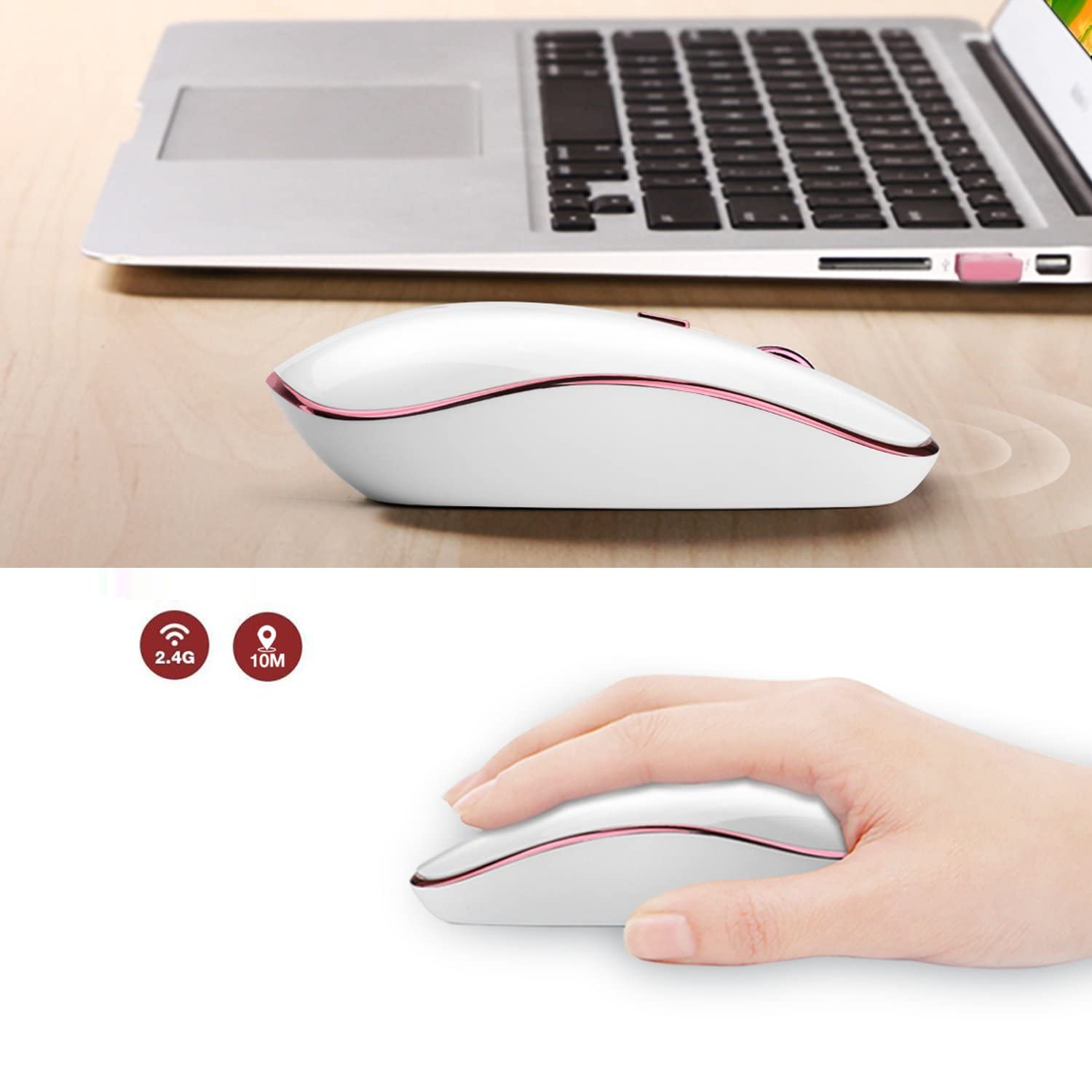 JOYACCESS JOYACCESS Wireless Mouse Ultra Thin Silent 2400 DPI Portable Optical Mouse for Laptop Computer MacBook Windows Chromebook PC White Pink - View 6 of 7