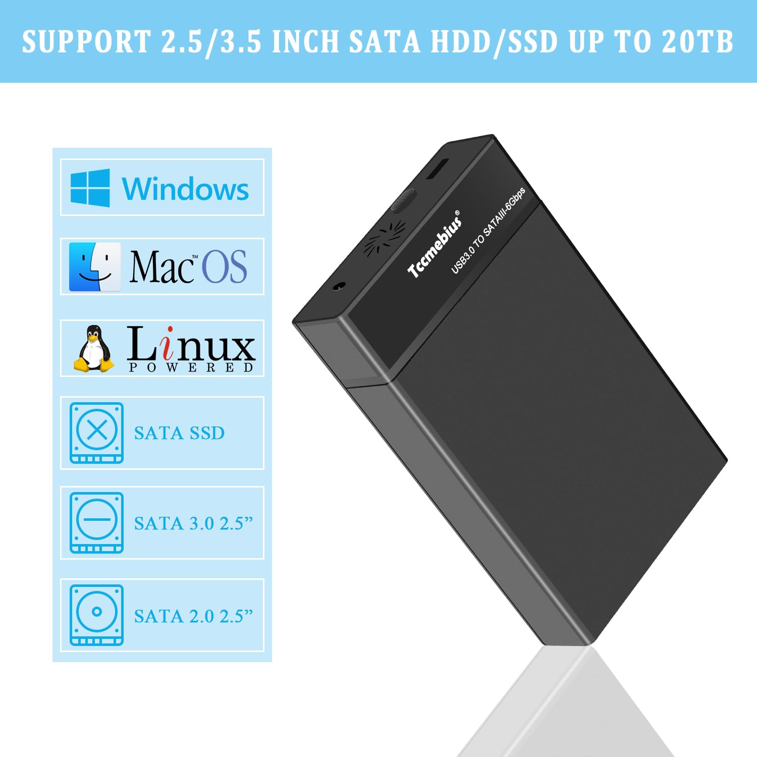 Tccmebius Tccmebius USB 3.0 External Hard Drive Enclosure for 2.5 3.5 Inch SATA HDD SSD Up to 20TB Tool-Free Docking Station with UASP Support - View 3 of 9