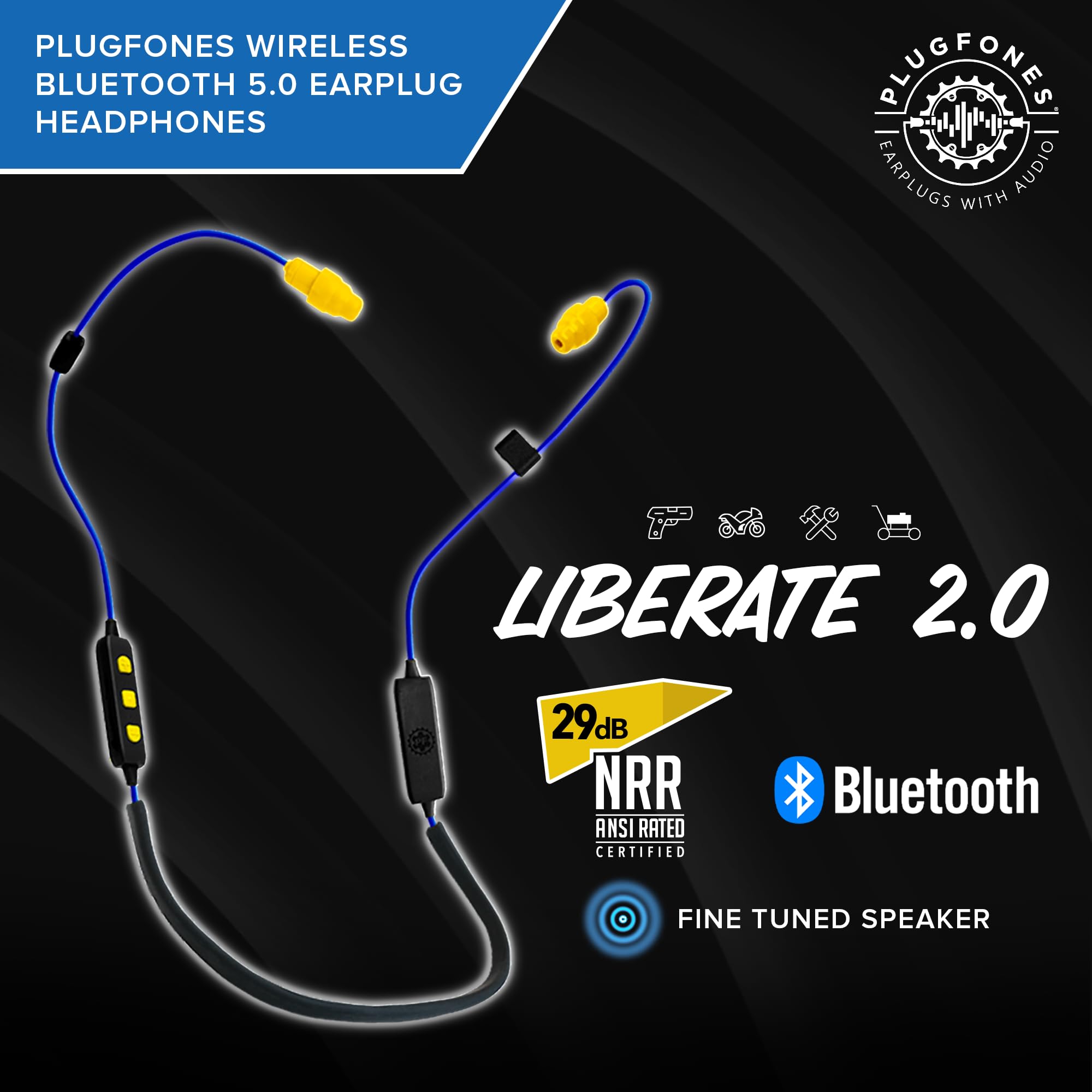 Plugfones Liberate 2.0 Earplug Earbud Hybrid Blue Cable Yellow Accents Yellow Plugs for Ultimate Comfort and Sound Quality - View 2 of 8