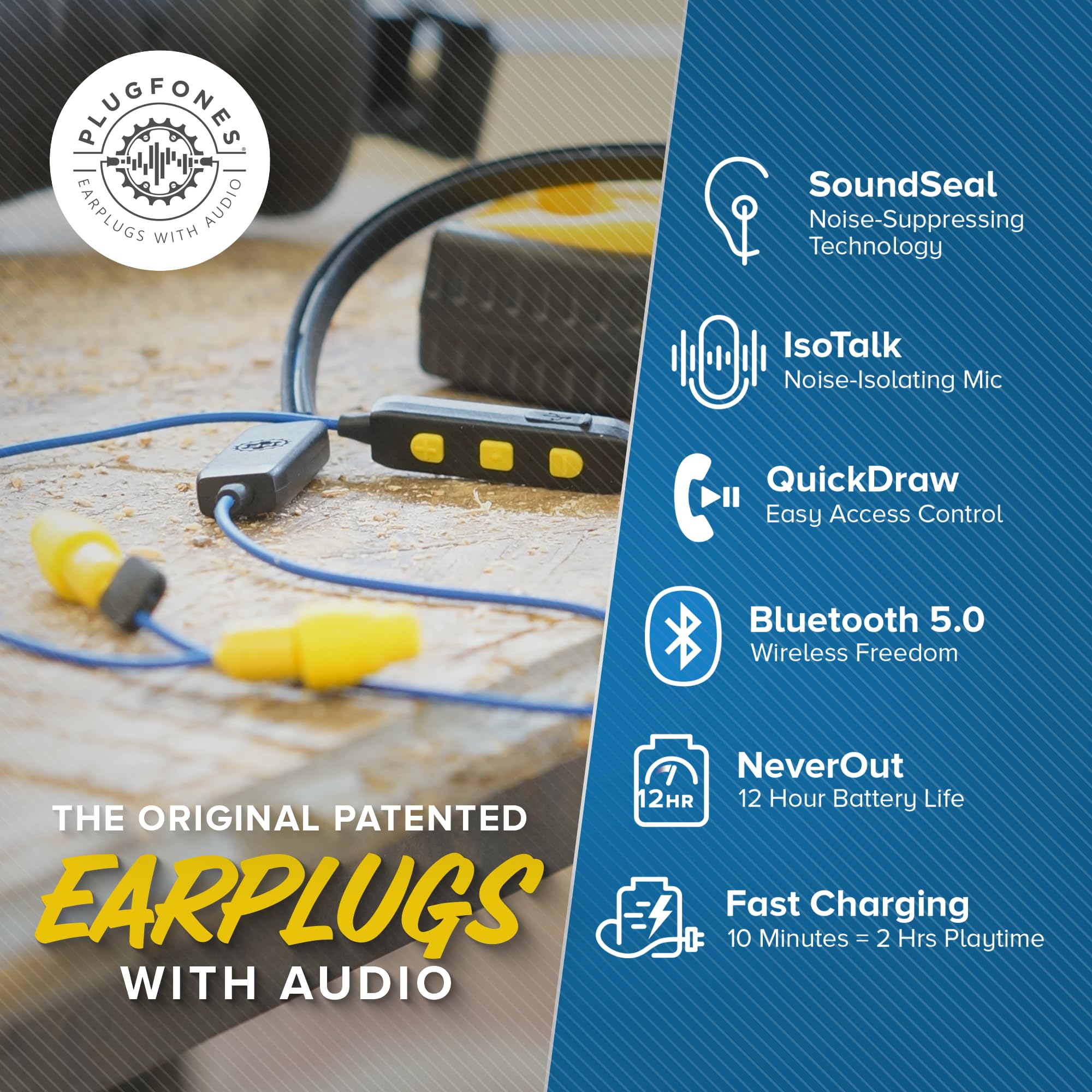 Plugfones Liberate 2.0 Earplug Earbud Hybrid Blue Cable Yellow Accents Yellow Plugs for Ultimate Comfort and Sound Quality - View 3 of 8