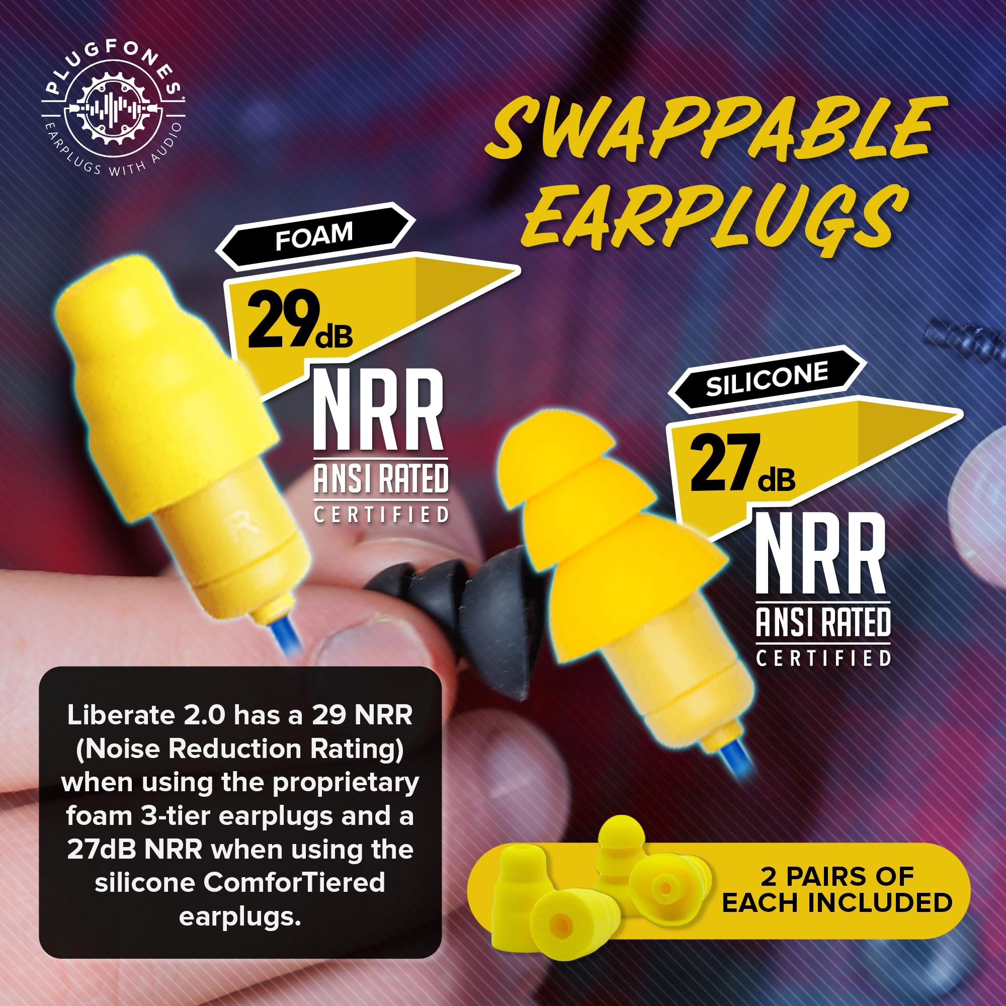 Plugfones Liberate 2.0 Earplug Earbud Hybrid Blue Cable Yellow Accents Yellow Plugs for Ultimate Comfort and Sound Quality - View 6 of 8