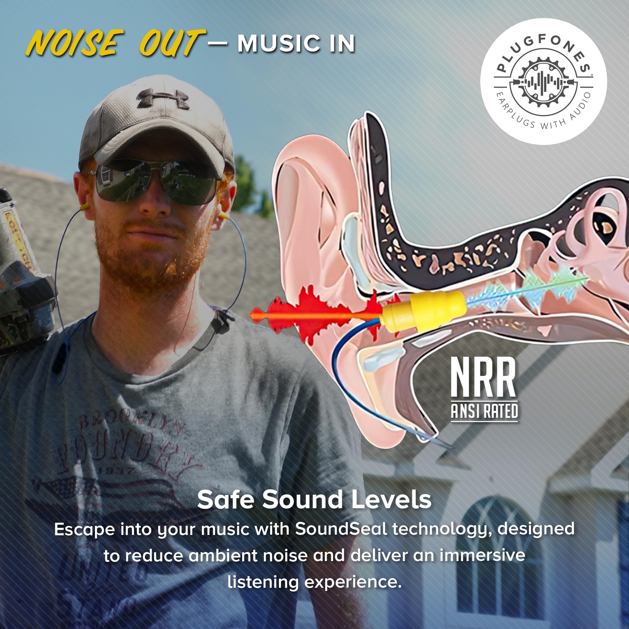 Plugfones Liberate 2.0 Earplug Earbud Hybrid Blue Cable Yellow Accents Yellow Plugs for Ultimate Comfort and Sound Quality - View 7 of 8