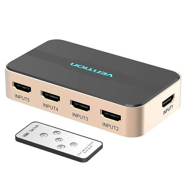 VENTION VENTION 5x1 HDMI Switch 4K@30Hz with IR Remote - Perfect for Roku, Apple TV, PS5, Fire Stick & More!