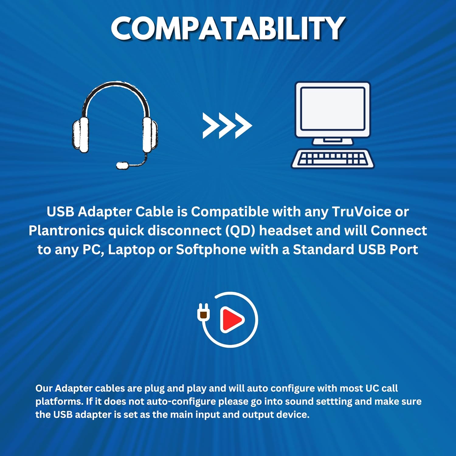 TruVoice TruVoice USB to QD Adapter Cable for Plantronics Poly Headsets with Volume Control and Mute Functionality - View 3 of 4