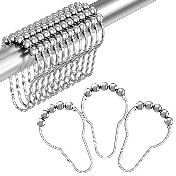 Amazer 12PCS Rust Proof Stainless Steel Shower Curtain Hooks - Decorative Polished Chrome for Bathroom