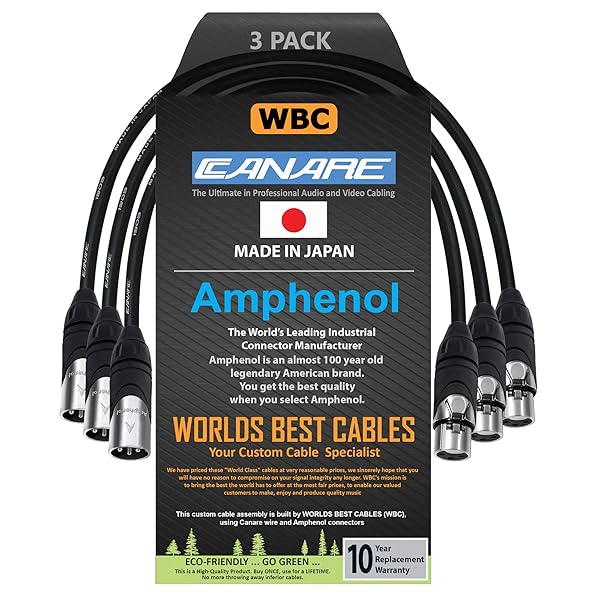 WORLDS BEST CABLES Worlds Best Cables 3 Units 1 Foot Canare L-4E6S Star Quad Balanced Microphone Cables with Amphenol AX3M AX3F Silver XLR Connectors
