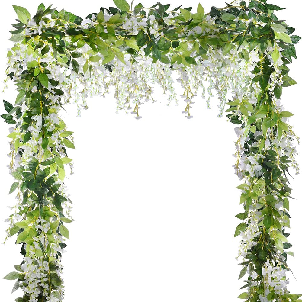 31ft Artificial Silk Wisteria Flowers Hanging Vine 5 Pcs Faux Plants Ivy Garland Decor for Home Kitchen Party White