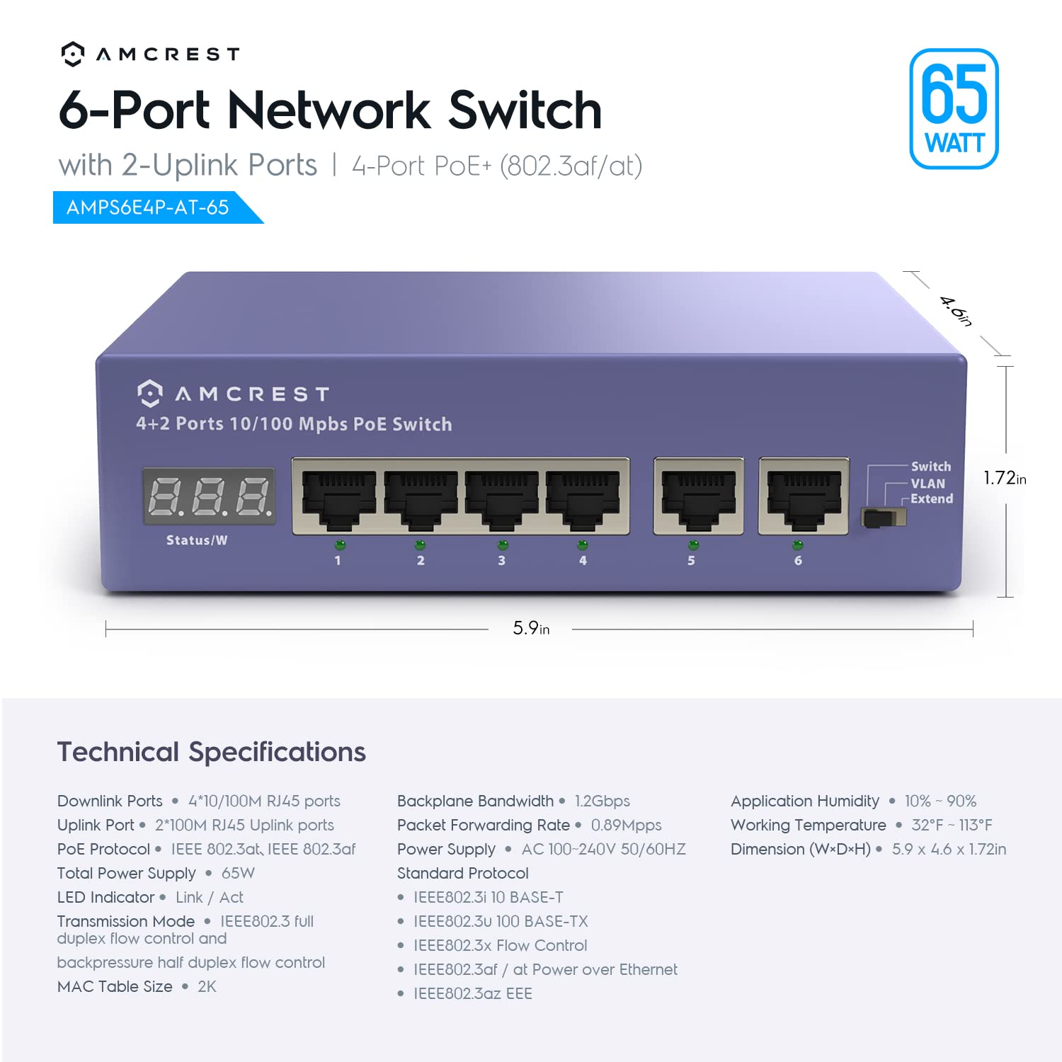 Amcrest Amcrest 6-Port POE Switch Metal Housing 4-Ports POE+ 802.3at 65w for Fast Ethernet Connectivity - View 4 of 5