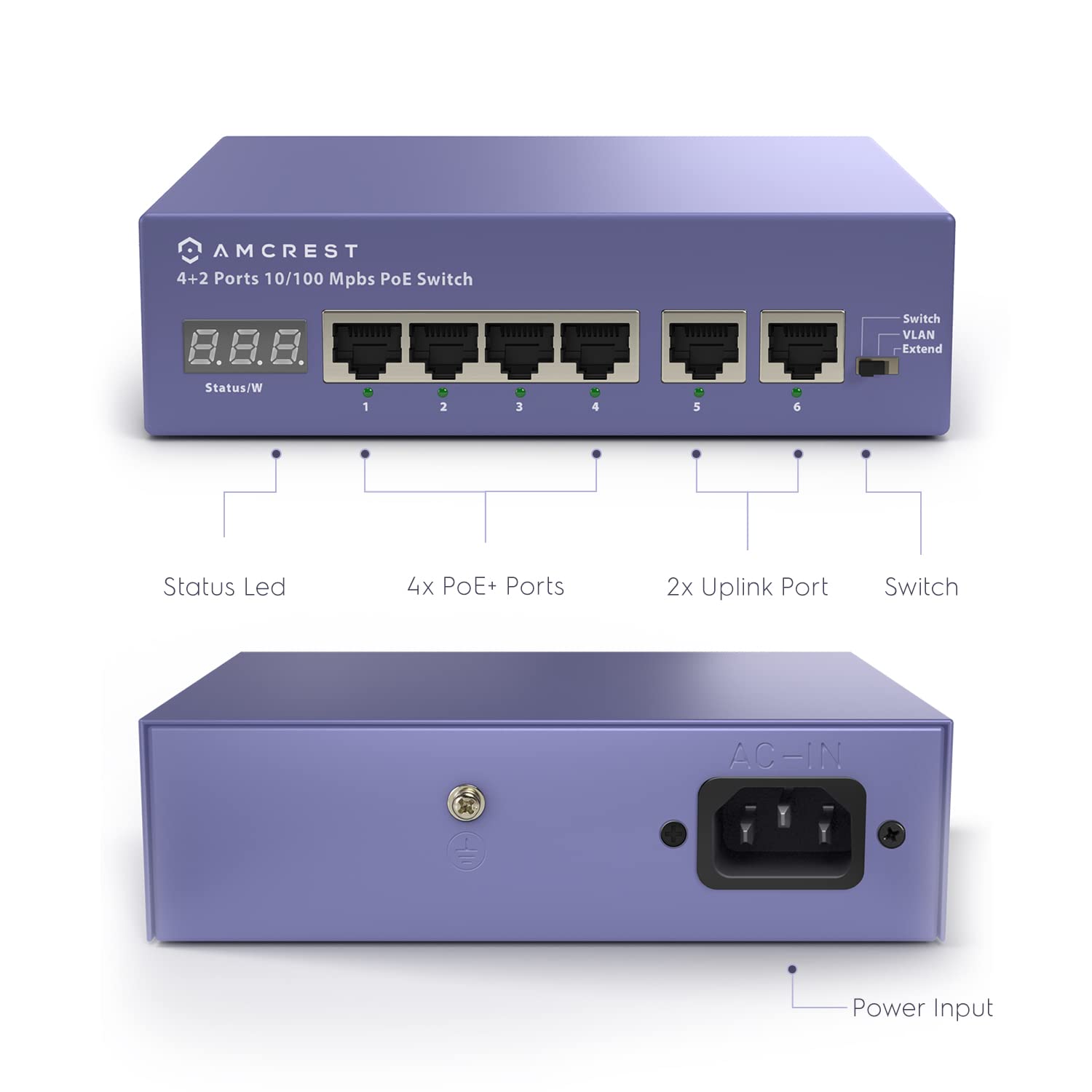 Amcrest Amcrest 6-Port POE Switch Metal Housing 4-Ports POE+ 802.3at 65w for Fast Ethernet Connectivity - View 5 of 5