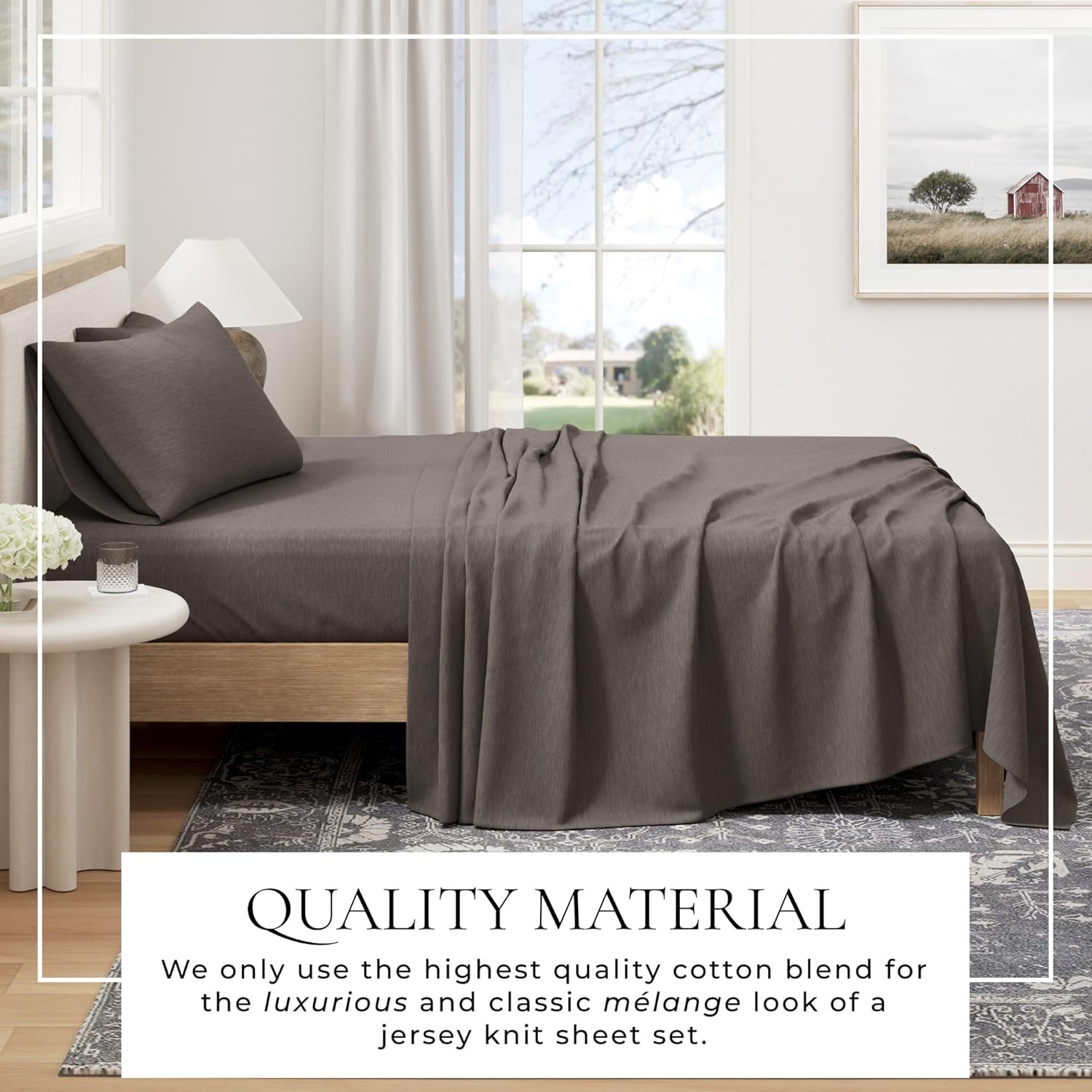 Great Bay Home Cotton Jersey Knit Twin Sheet Set Ultra Soft Stretchy Heathered Melange Grey Bed Sheets Cozy T Shirt Sheet and Pillowcase Set - View 2 of 9