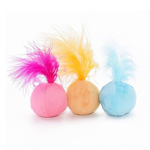 PETFAVORITES PETFAVORITES Furry Rattle Ball Cat Toy with Feather and Catnip Interactive Pom Pom Balls Soft Lightweight 2 Inch 3 Pack