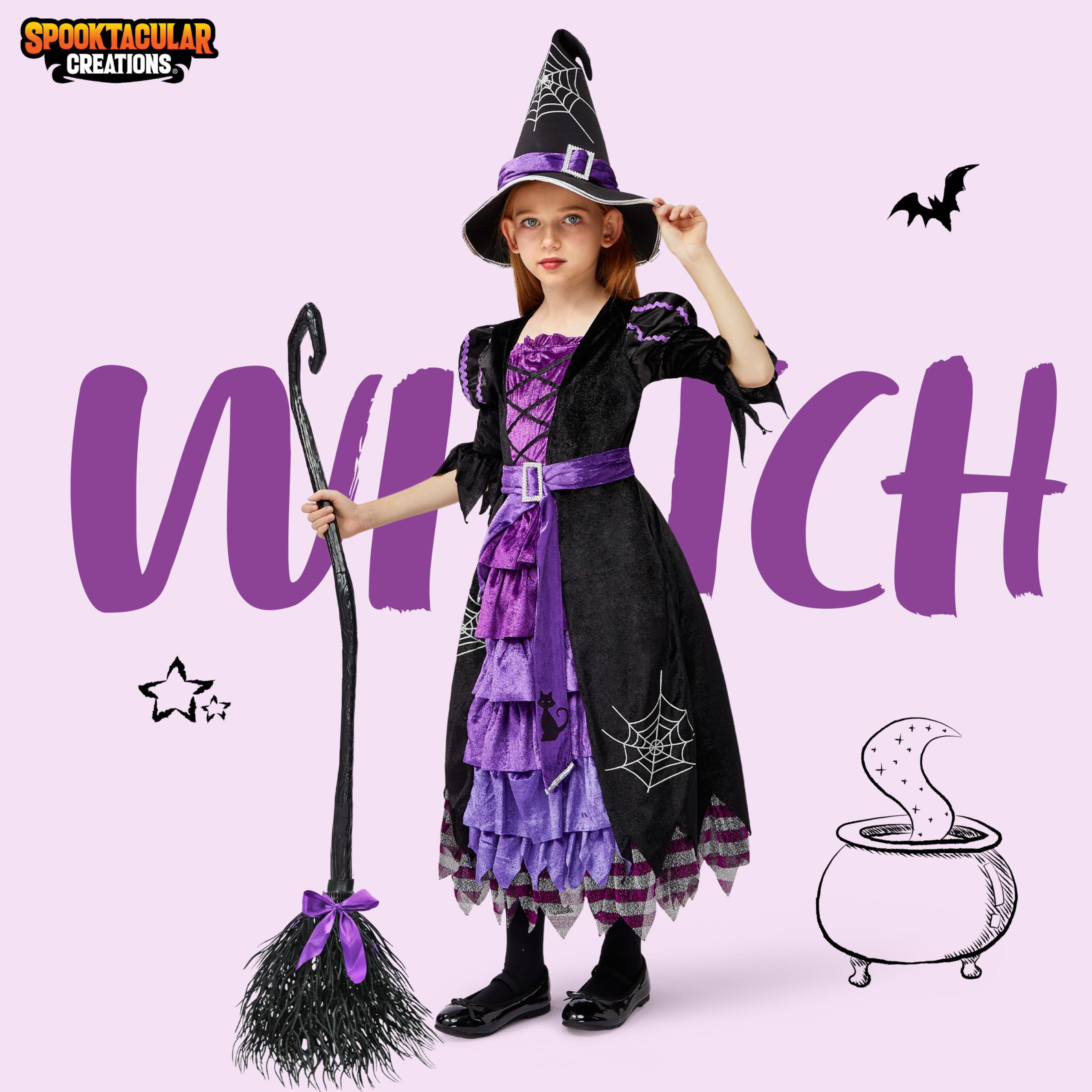 Spooktacular Creations Halloween Fairytale Witch Dress for Kids Cute Deluxe Costume with Broom for Toddler Role Play Parties Purple M 8-10 - View 2 of 7