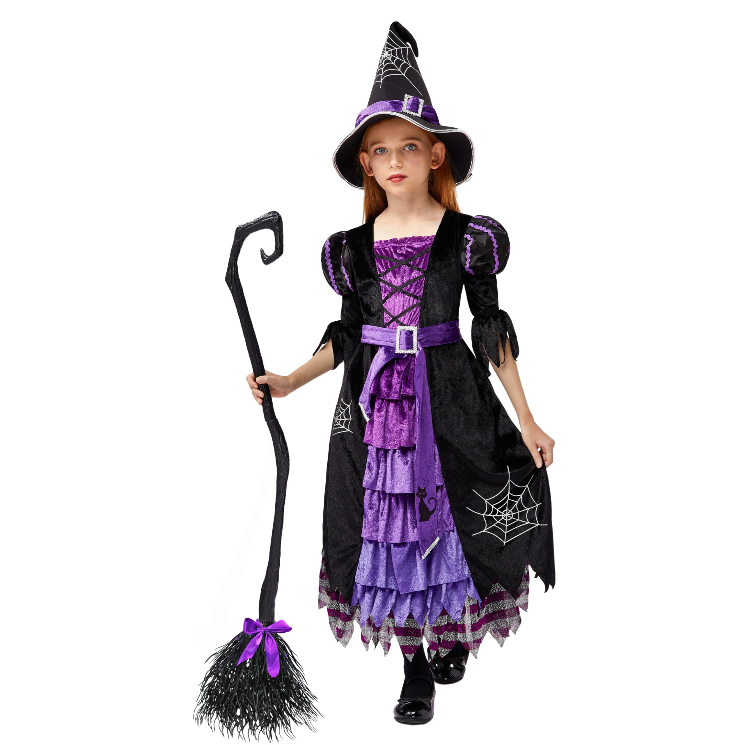 Spooktacular Creations Halloween Fairytale Witch Dress for Kids Cute Deluxe Costume with Broom for Toddler Role Play Parties Purple M 8-10 - View 3 of 7