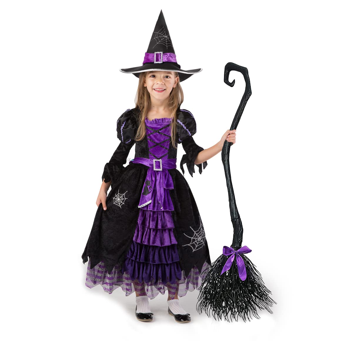 Spooktacular Creations Halloween Fairytale Witch Dress for Kids Cute Deluxe Costume with Broom for Toddler Role Play Parties Purple M 8-10