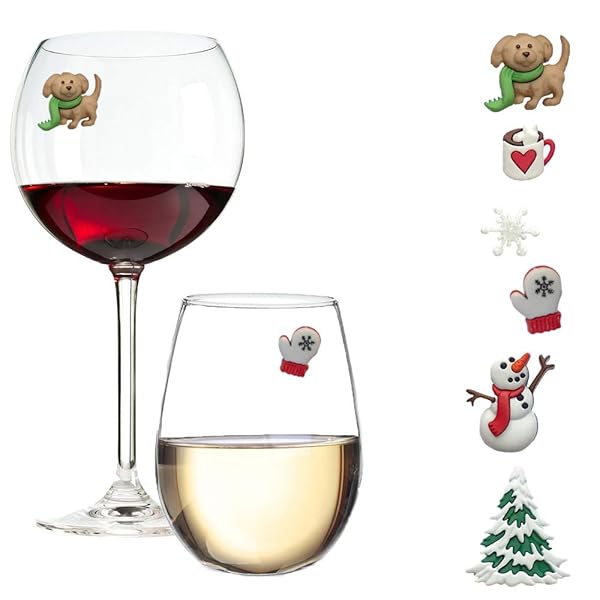 Simply Charmed Simply Charmed Wine Charms and Magnetic Glass Markers Set of 6 Fun Winter Designs Snowman Snowflake Puppy Dog