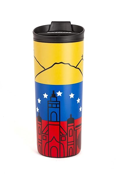 Costablue Venezuela Vacuum Insulated Stainless Steel Travel Mug 16 oz Easy Clean Flip Leak Proof Lid with Caracas Icons
