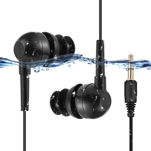 AGPTEK IPX8 Waterproof Earphones: Coiled Cable Swimming Earbuds with Stereo Audio - Black