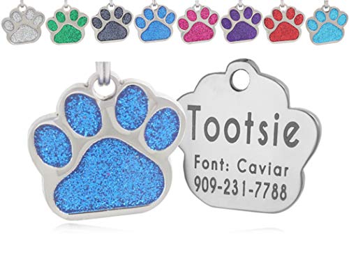 io tags Personalized Glitter Blue Pet ID Tags for Dogs and Cats Custom Engraved Easy to Read Cute Paw Design