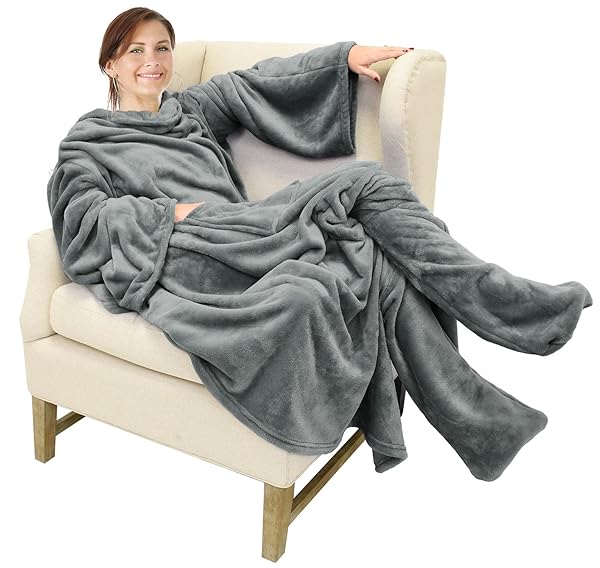Catalonia Cozy Catalonia Wearable Fleece Blanket with Sleeves & Foot Pockets for Adults - Micro Plush Grey Robe