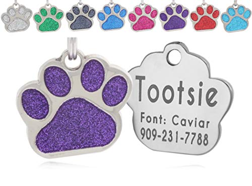 io tags Personalized Glitter Purple Pet ID Tags for Dogs and Cats Custom Engraved Easy to Read Cute Design