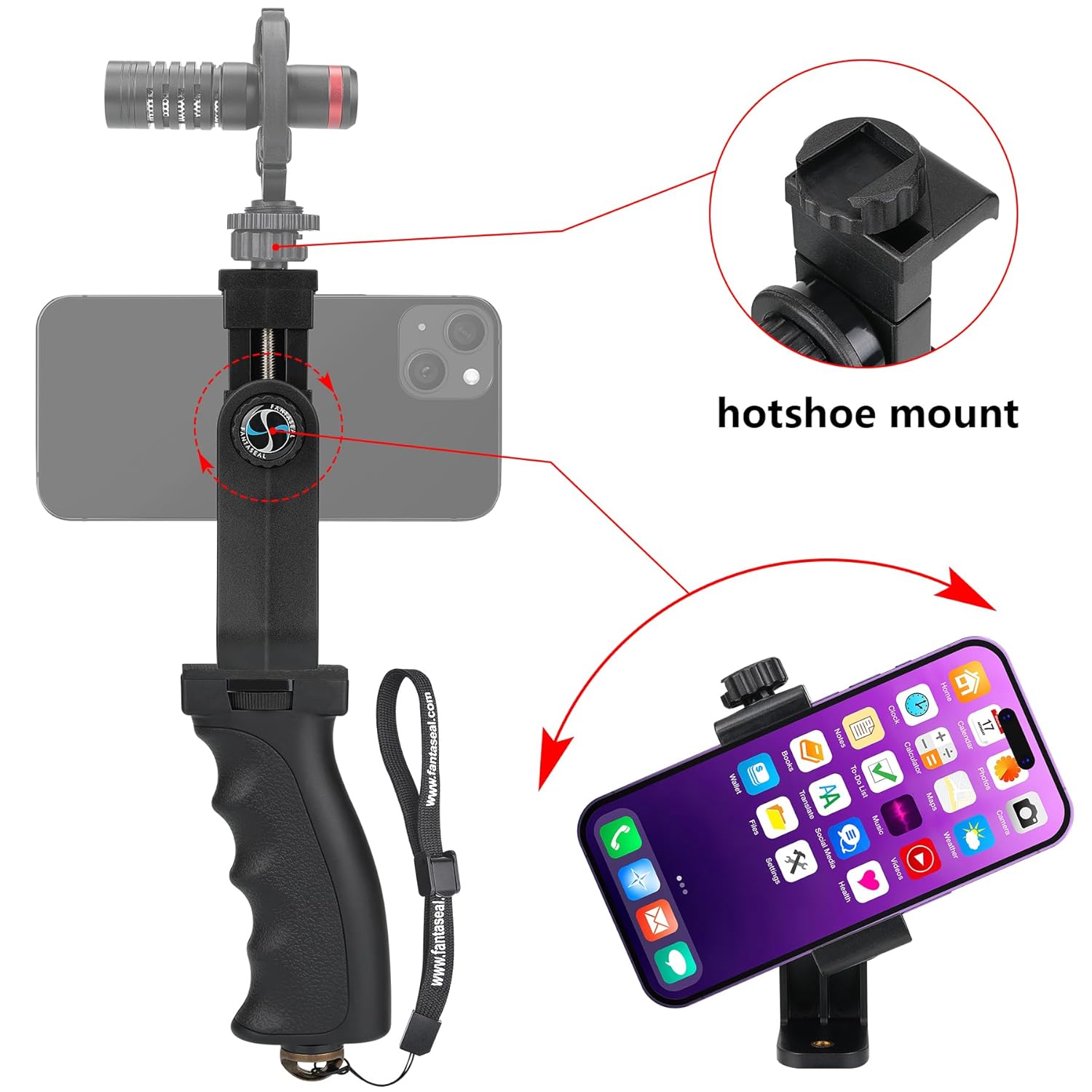 fantaseal Ergonomic Anti-Falling Smartphone Vlogging Hand Grip Stabilizer Video Kit with Safety Strap Portable Selfie Stick for iPhone Samsung - View 3 of 7