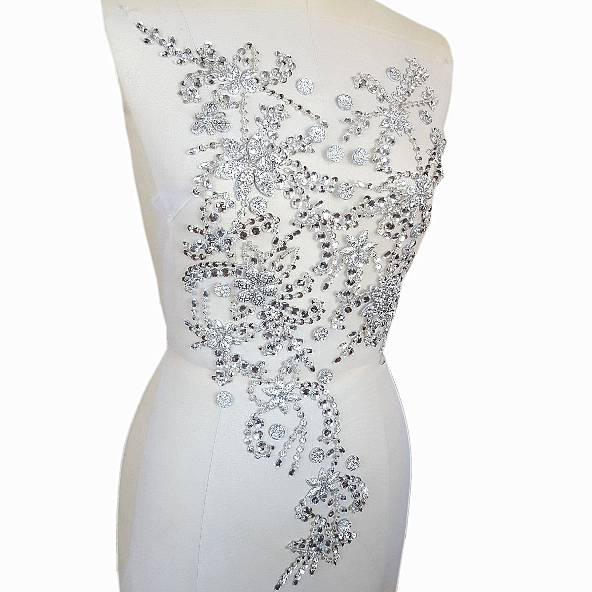 succi shan Noble Pure Handmade Beaded Crystal Patches Sew on Rhinestones Sequins for DIY Wedding Dress Trim 30x60cm Silver Color - View 2 of 8