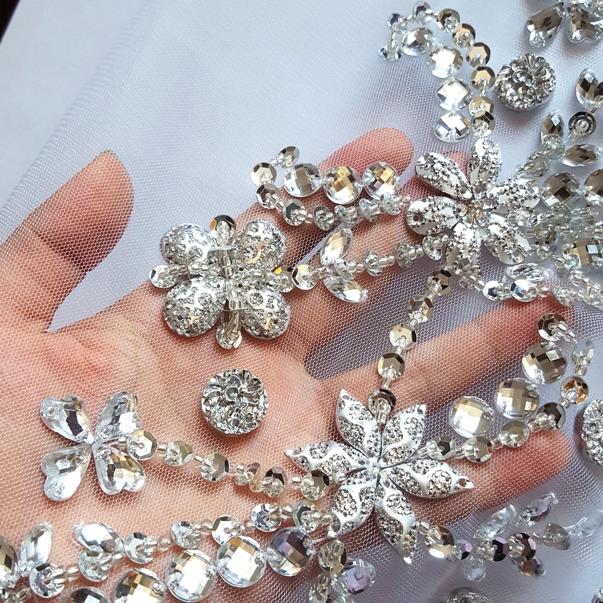 succi shan Noble Pure Handmade Beaded Crystal Patches Sew on Rhinestones Sequins for DIY Wedding Dress Trim 30x60cm Silver Color - View 3 of 8