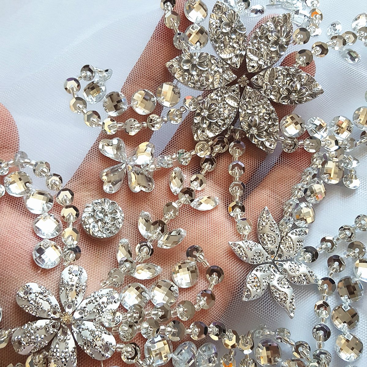 succi shan Noble Pure Handmade Beaded Crystal Patches Sew on Rhinestones Sequins for DIY Wedding Dress Trim 30x60cm Silver Color - View 4 of 8