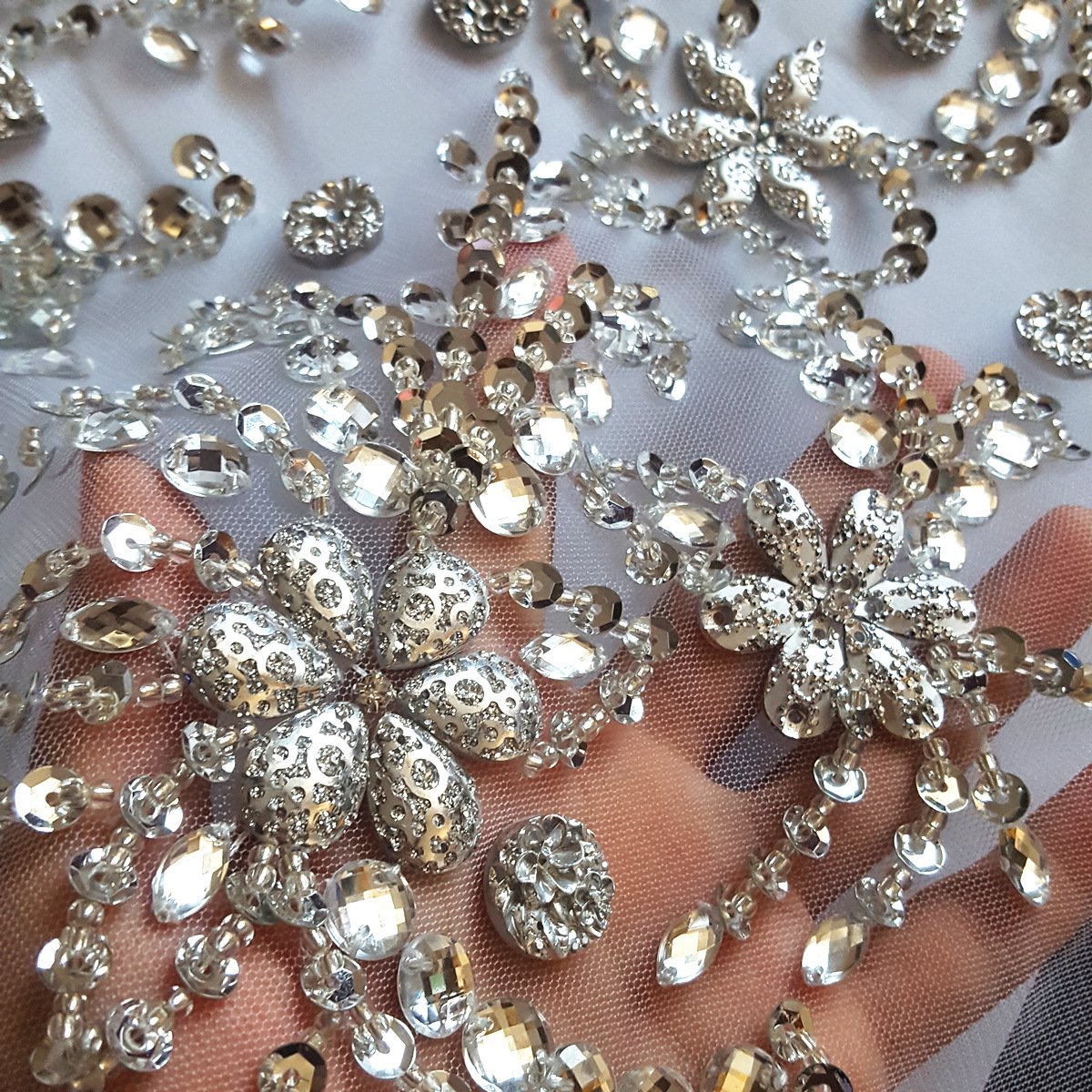 succi shan Noble Pure Handmade Beaded Crystal Patches Sew on Rhinestones Sequins for DIY Wedding Dress Trim 30x60cm Silver Color - View 5 of 8