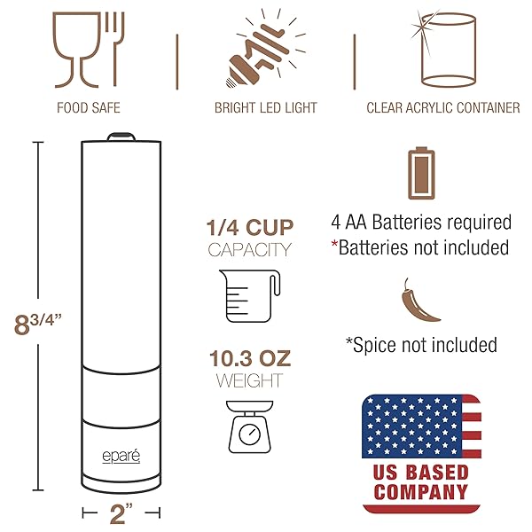 Eparé Epar Salt and Pepper Grinder Adjustable Ceramic Electric Spice Shaker with LED Light for Himalayan Salt and Black Peppercorns - View 8 of 8