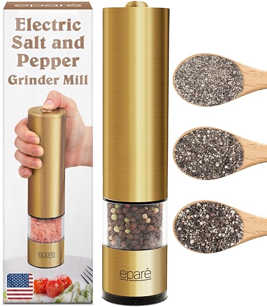 Eparé Epar Salt and Pepper Grinder Adjustable Ceramic Electric Spice Shaker with LED Light for Himalayan Salt and Black Peppercorns