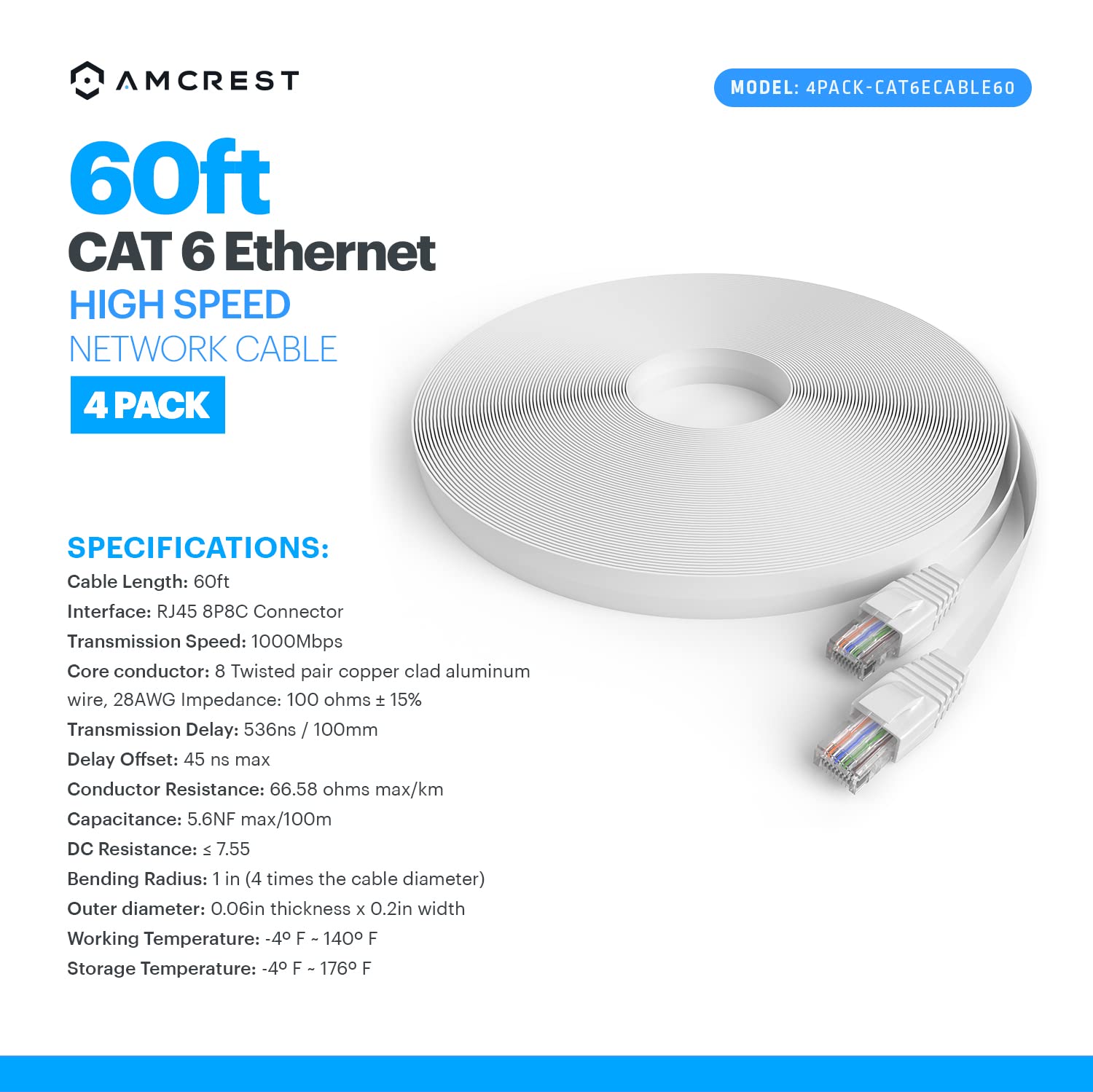 Amcrest Amcrest CAT6E 4K Rated Video POE Ethernet Cable 60ft High Speed Network Cable for Security Cameras Smart TV PS4 Xbox One Router Laptop Home - View 5 of 5
