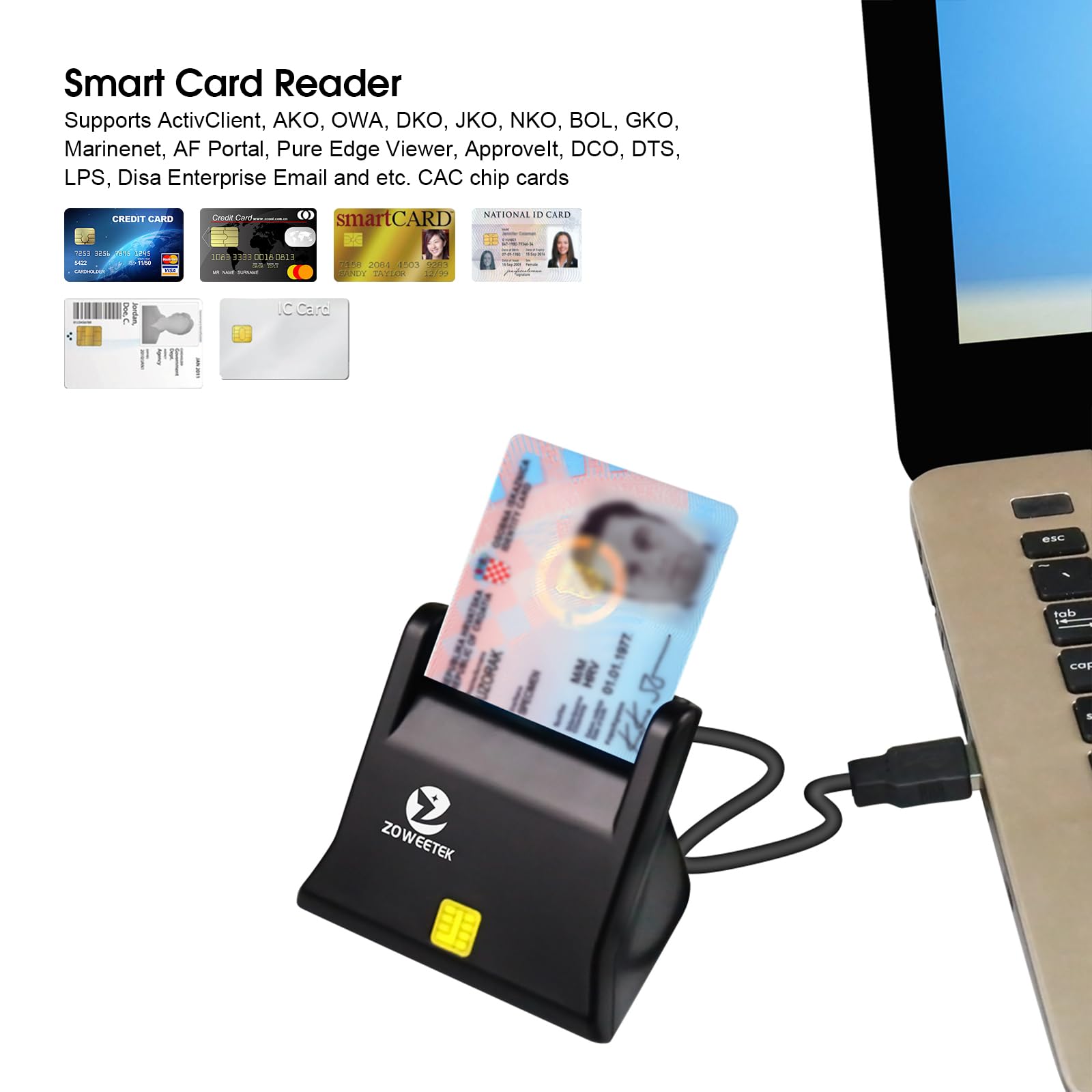 Zoweetek DOD Military USB Smart Card Reader for Windows Mac OS Linux Fast and Reliable Access - View 2 of 9