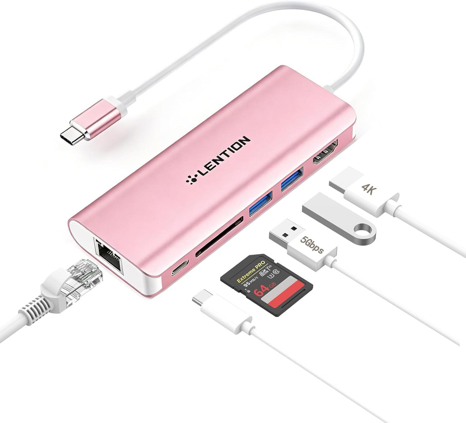 Lention USB C Digital AV Multiport Hub 4K HDMI USB 3.0 SD Card Reader Type C Charging Gigabit Ethernet Adapter for MacBook Pro Dell XPS Rose Gold