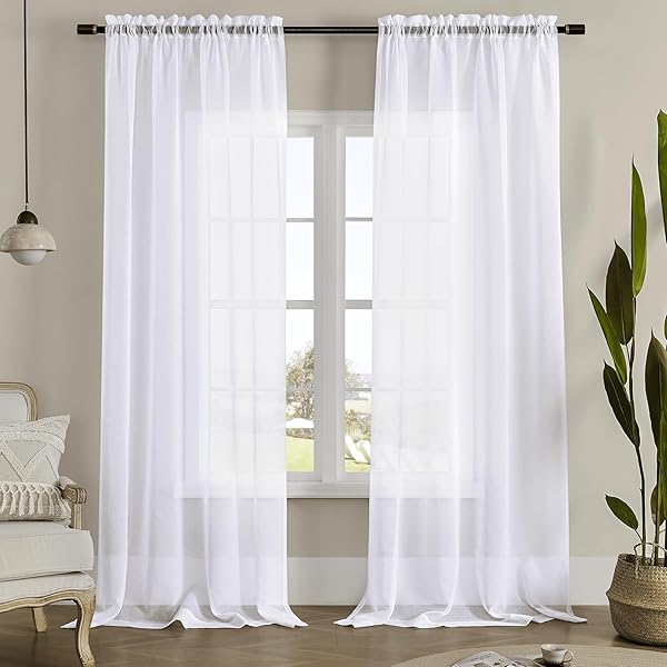 MYSTIC-HOME "Buy MYSTIC-HOME 84" White Sheer Curtains - Elegant Rod Pocket Drapes for Living Room & Bedroom | 2 Panels, Semi Crinkle Voile"